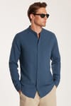 Erkek Slim Fit Dar Kesim Uzun Kollu %100 Pamuk Keten Doku Hakim Yaka Koyu Petrol Gömlek