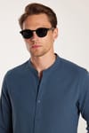Erkek Slim Fit Dar Kesim Uzun Kollu %100 Pamuk Keten Doku Hakim Yaka Koyu Petrol Gömlek