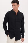 Erkek Slim Fit Dar Kesim Uzun Kollu %100 Pamuk Keten Doku Hakim Yaka Siyah Gömlek