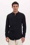 Erkek Slim Fit Dar Kesim Uzun Kollu %100 Pamuk Keten Doku Hakim Yaka Siyah Gömlek