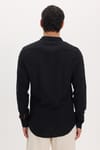 Erkek Slim Fit Dar Kesim Uzun Kollu %100 Pamuk Keten Doku Hakim Yaka Siyah Gömlek