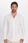 Erkek Slim Fit Dar Kesim Uzun Kollu %100 Pamuk Keten Doku Hakim Yaka Beyaz Gömlek