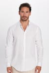 Erkek Slim Fit Dar Kesim Uzun Kollu %100 Pamuk Keten Doku Hakim Yaka Beyaz Gömlek