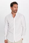 Erkek Slim Fit Dar Kesim Uzun Kollu %100 Pamuk Keten Doku Hakim Yaka Beyaz Gömlek