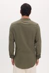 Erkek Slim Fit Dar Kesim Uzun Kollu %100 Pamuk Keten Doku Hakim Yaka Haki Gömlek