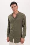 Erkek Slim Fit Dar Kesim Uzun Kollu %100 Pamuk Keten Doku Hakim Yaka Haki Gömlek