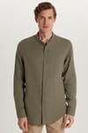 Erkek Slim Fit Dar Kesim Uzun Kollu %100 Pamuk Keten Doku Hakim Yaka Haki Gömlek