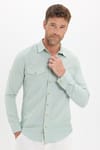 Erkek Slim Fit Dar Kesim %100 Pamuk Keten Doku Çift Cep Spor Yaka Yeşil Gömlek