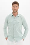 Erkek Slim Fit Dar Kesim %100 Pamuk Keten Doku Çift Cep Spor Yaka Yeşil Gömlek