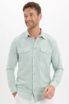 Erkek Slim Fit Dar Kesim %100 Pamuk Keten Doku Çift Cep Spor Yaka Yeşil Gömlek