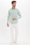 Erkek Slim Fit Dar Kesim %100 Pamuk Keten Doku Çift Cep Spor Yaka Yeşil Gömlek