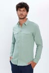 Erkek Slim Fit Dar Kesim Uzun Kollu %100 Pamuk Keten Doku Çift Cep Spor Yaka Yeşil Gömlek