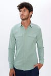 Erkek Slim Fit Dar Kesim Uzun Kollu %100 Pamuk Keten Doku Çift Cep Spor Yaka Yeşil Gömlek