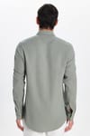 Erkek Slim Fit Dar Kesim %100 Pamuk Keten Doku Çift Cep Spor Yaka Açık Haki Gömlek