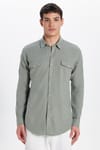 Erkek Slim Fit Dar Kesim %100 Pamuk Keten Doku Çift Cep Spor Yaka Açık Haki Gömlek