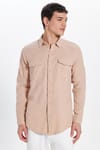 Erkek Slim Fit Dar Kesim %100 Pamuk Keten Doku Çift Cep Spor Yaka Somon Gömlek