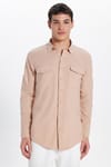 Erkek Slim Fit Dar Kesim %100 Pamuk Keten Doku Çift Cep Spor Yaka Somon Gömlek