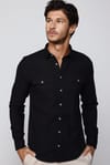 Slim Fit Uzun Kol Çift Cep Pamuk Keten Spor Yaka Siyah Erkek Gömlek