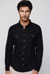 Slim Fit Uzun Kol Çift Cep Pamuk Keten Spor Yaka Siyah Erkek Gömlek