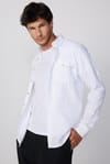 Slim Fit Uzun Kol Çift Cep Pamuk Keten Spor Yaka Beyaz Erkek Gömlek