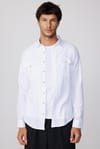Slim Fit Uzun Kol Çift Cep Pamuk Keten Spor Yaka Beyaz Erkek Gömlek