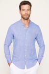 Slim Fit Hakim Yaka Pamuklu Keten Sax Mavi Erkek Gömlek