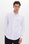 Erkek Slim Fit Dar Kesim Uzun Kollu %100 Pamuk Keten Doku Apoletli Beyaz Gömlek