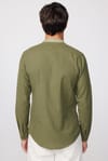 Slim Fit  Düz Hakim Yaka Kol Apoletli Ketenli Haki Erkek Gömlek
