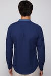 Slim Fit Düz Hakim Yaka Kol Apoletli Ketenli İndigo Erkek Gömlek