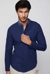 Slim Fit Düz Hakim Yaka Kol Apoletli Ketenli İndigo Erkek Gömlek