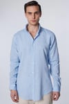 Slim Fit Uzun Kol Keten Premium Seri Düğmeli Yaka Spor Mavi Gömlek
