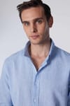 Slim Fit Uzun Kol Keten Premium Seri Düğmeli Yaka Spor Mavi Gömlek