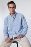 Slim Fit Uzun Kol Keten Premium Seri Düğmeli Yaka Spor Mavi Gömlek