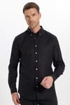 Erkek Slim Fit Dar Kesim Uzun Kollu Keten Premium Seri Düğmeli Yaka Spor Siyah Gömlek