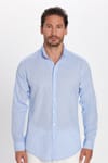 Erkek Slim Fit Dar Kesim Uzun Kollu Keten Premium Seri Düğmeli Yaka Spor Mavi Gömlek