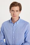 Erkek Slim Fit Dar Kesim Uzun Kollu Keten Premium Seri Düğmeli Yaka Spor Mavi Gömlek