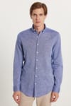 Erkek Slim Fit Dar Kesim Uzun Kollu Keten Premium Seri Düğmeli Yaka Spor Lacivert Gömlek