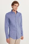 Erkek Slim Fit Dar Kesim Uzun Kollu Keten Premium Seri Düğmeli Yaka Spor Lacivert Gömlek