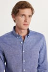 Erkek Slim Fit Dar Kesim Uzun Kollu Keten Premium Seri Düğmeli Yaka Spor Lacivert Gömlek