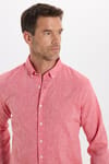 Erkek Slim Fit Dar Kesim Uzun Kollu Keten Premium Seri Düğmeli Yaka Spor Nar Rengi Gömlek
