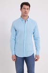 Erkek Slim Fit Dar Kesim Uzun Kollu Keten Premium Seri Düğmeli Yaka Spor Açık Mavi Gömlek