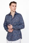 Slim Fit Dar Kesim Uzun Kol Likralı Baskılı Yüksek Yaka Erkek Gömlek