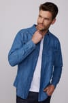 Slim Fit Dar Kesim Çift Cep Kapaklı  Pamuklu Denim Lacivert  Gömlek