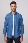 Slim Fit Dar Kesim Çift Cep Kapaklı  Pamuklu Denim Lacivert  Gömlek
