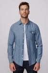 Slim Fit Dar Kesim Tek Cep Kapaklı Pamuklu Mavi Denim Kot Gömlek