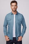 Slim Fit Uzun Kol Kot Çift Cep Çıtçıtlı Denim Petrol Rengi Erkek Gömlek