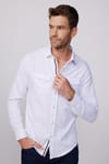 Slim Fit Çift Cep Kapaklı Çıtçıtlı Biyeli Pamuk Keten Beyaz Erkek Gömlek