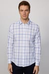 Slim Fit Dar Kalıp Kareli Keten Efekt Yazlık Beyaz Mavi Erkek Gömlek