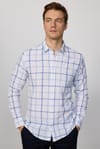 Slim Fit Dar Kalıp Kareli Keten Efekt Yazlık Beyaz Mavi Erkek Gömlek