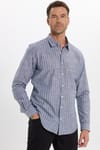 Erkek Slim Fit Dar Kesim Uzun Kollu %100 Pamuk Keten Doku Çizgili Gömlek